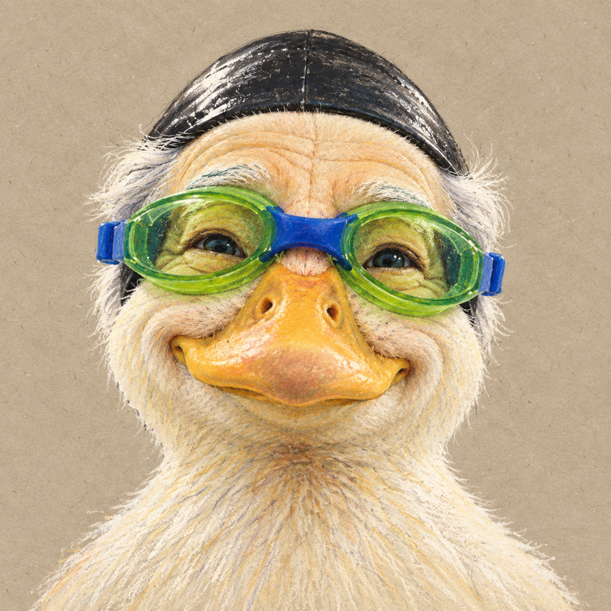 Oldduck, a smiling elderly duck with green goggles and a black cap